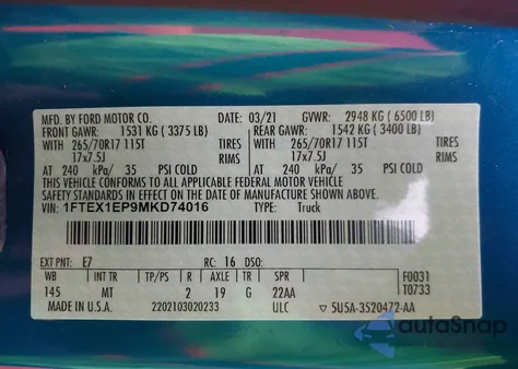 2021 Ford F-150 Xlt из США, поврежденный, VIN 1FTEX1EP9MKD74016